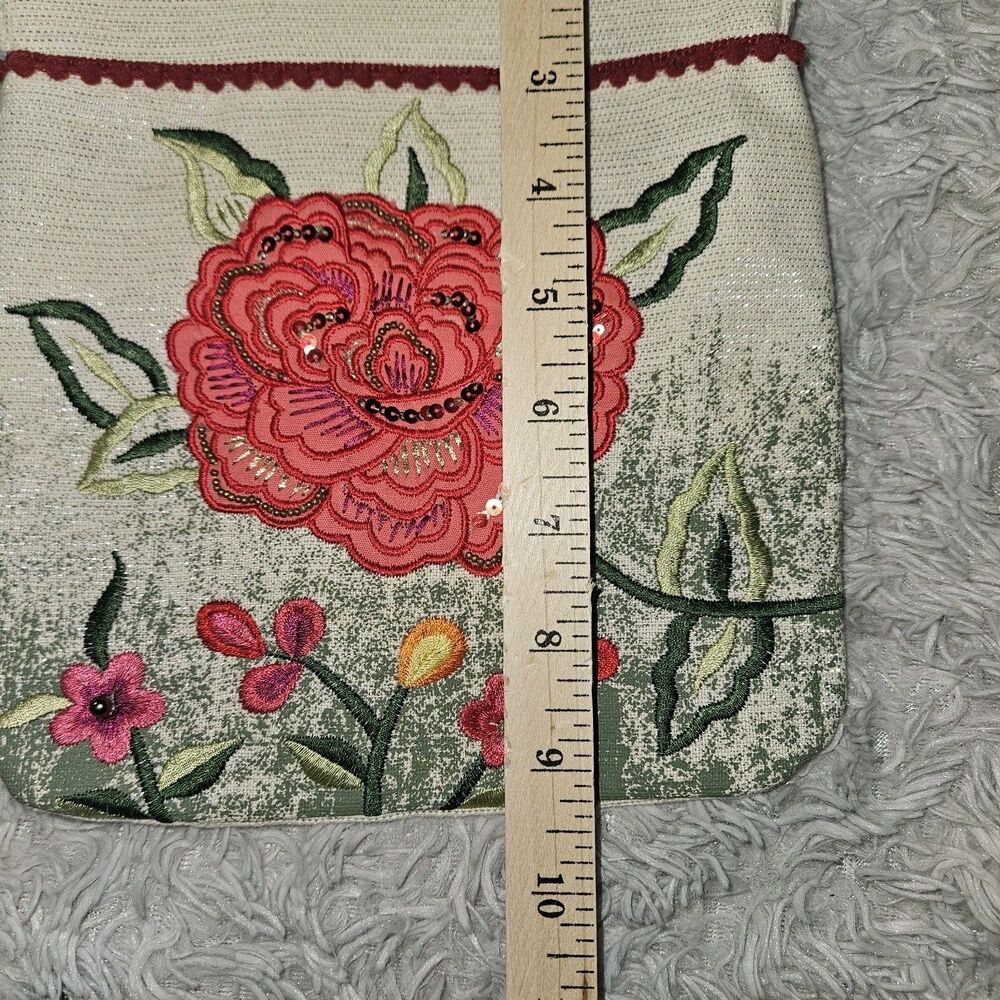 Embroidered Pink Rose Linen Crossbody Bag Purse Sequin Floral Metallic New - Picture 9 of 10